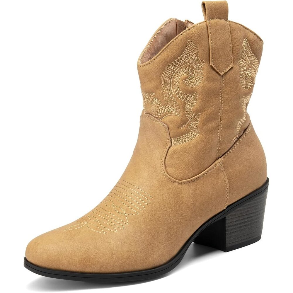 DREAM PAIRS Ankle Boots Women's Tan Leather Fashion Low chunky Heel Round Toe